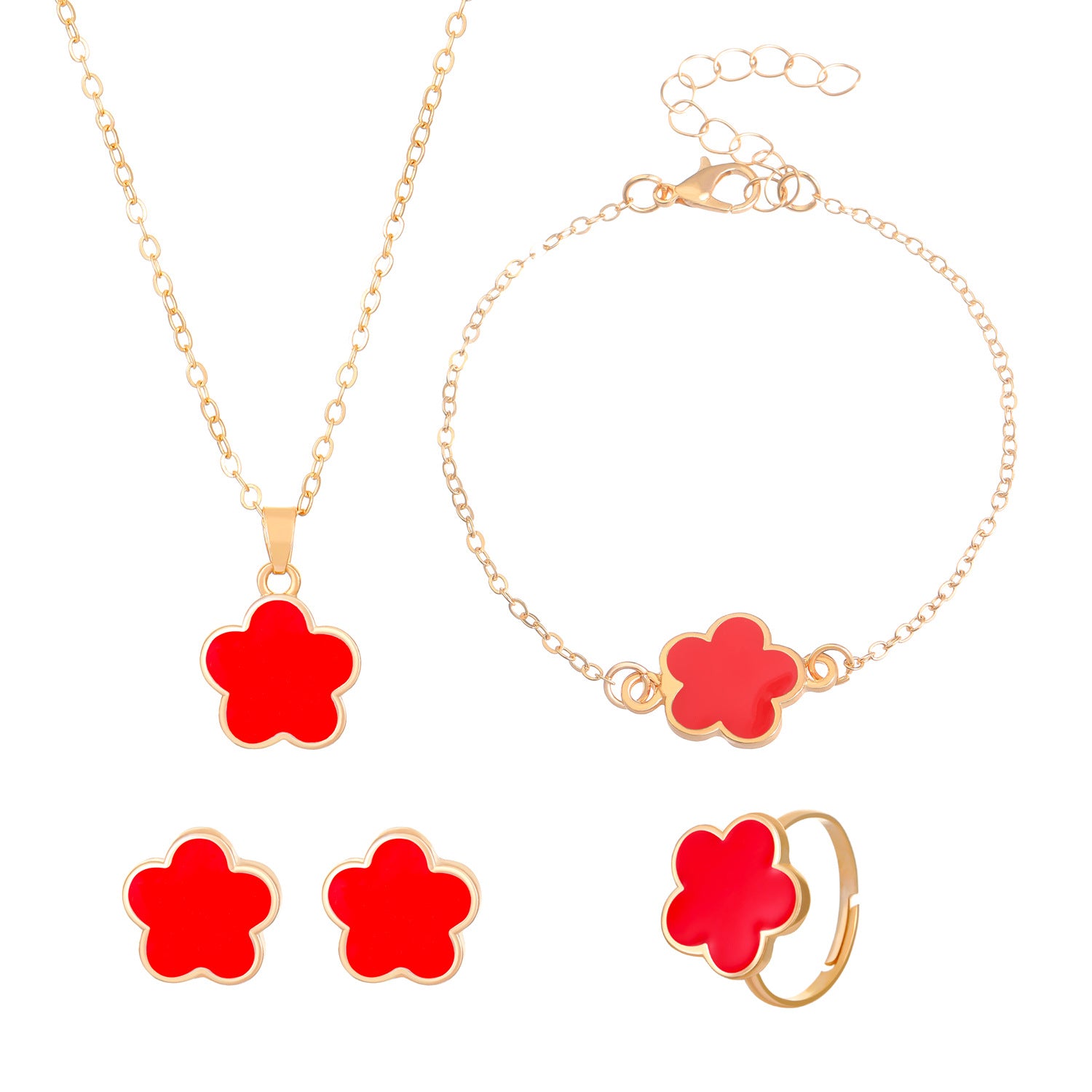 Wholesale Simple Petal Five-leaf Flower Necklace Ring Bracelet Earrings Sets ACC-NE-MY013