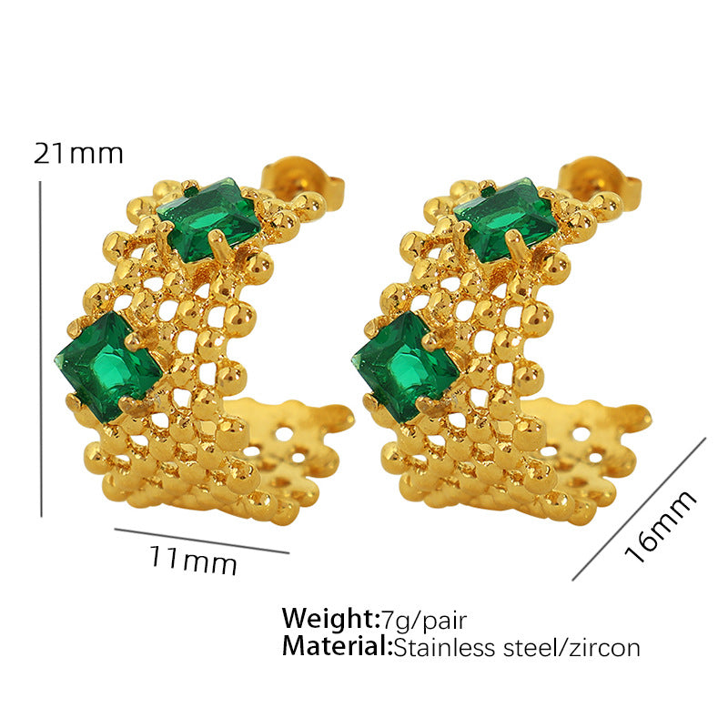 Wholesale  titanium steel stitching mesh C- shaped earrings 18K gold inlaid zircon earrings