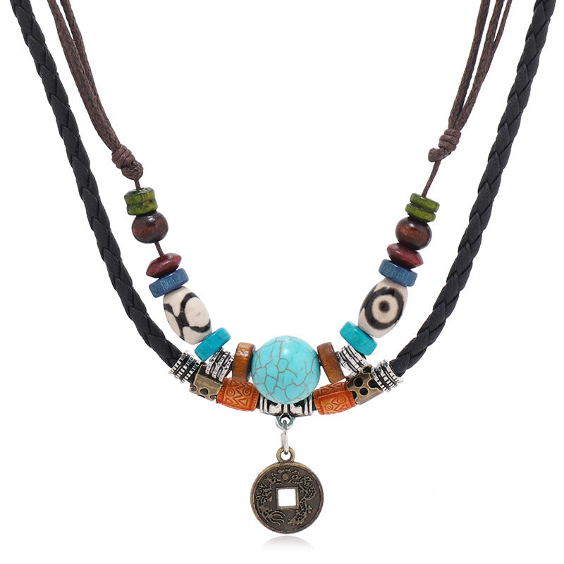 Wholesale Vintage Multi-layer Turquoise Beaded Braided Leather Necklace Men Necklaces ACC-NE-PK002