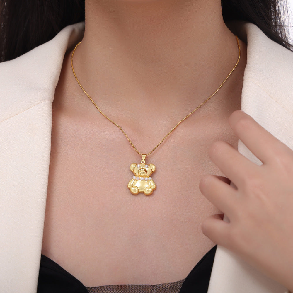 Wholesale Zircon Bear Copper Pendant Titanium Steel Gold-plated Necklace ACC-NE-Fangt004