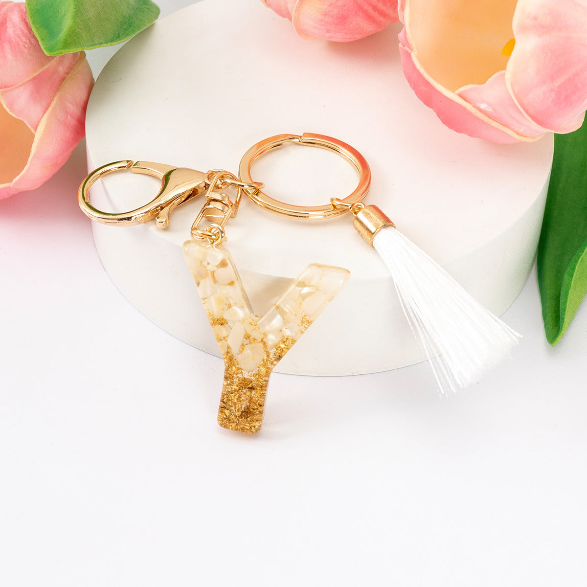 Wholesale Gold Foil New Resin Crystal Glue White Tassel Color English Digital Keychain