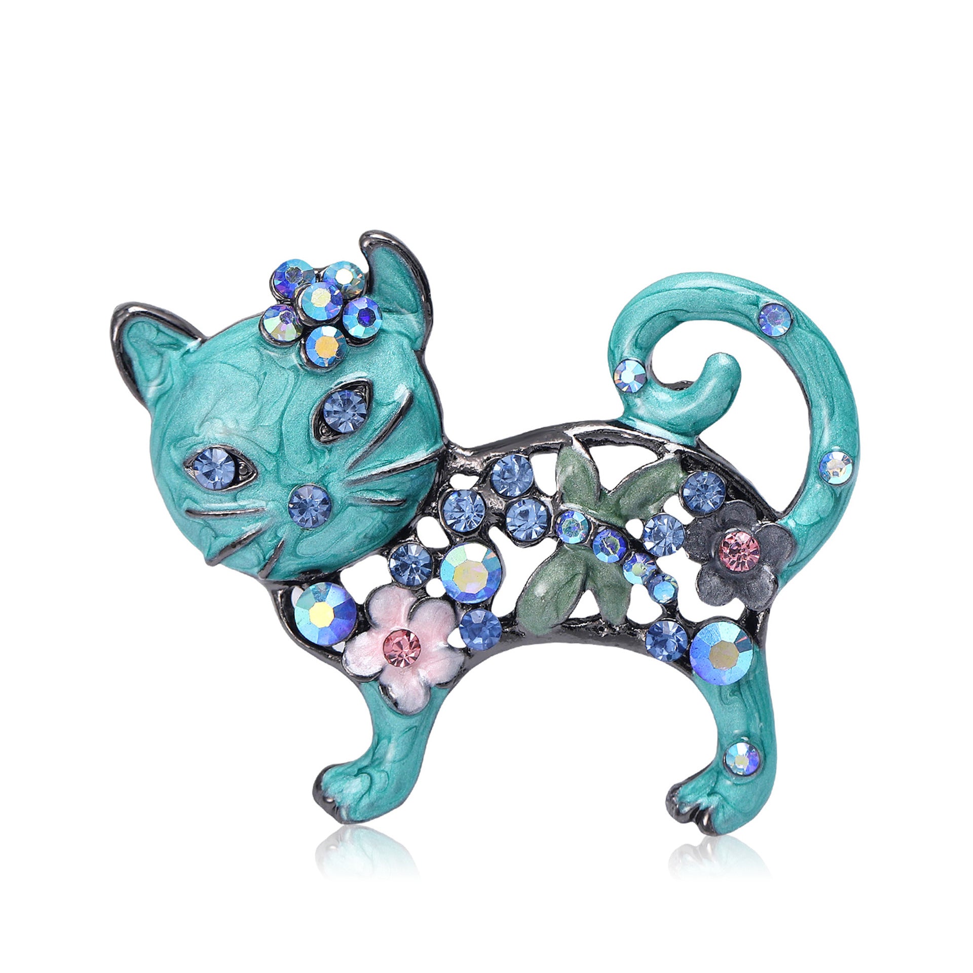 Wholesale Alloy Green Rhinestone Cat Brooch Stylish Suit Clothing Pin For Women Chic Boutique Accessory