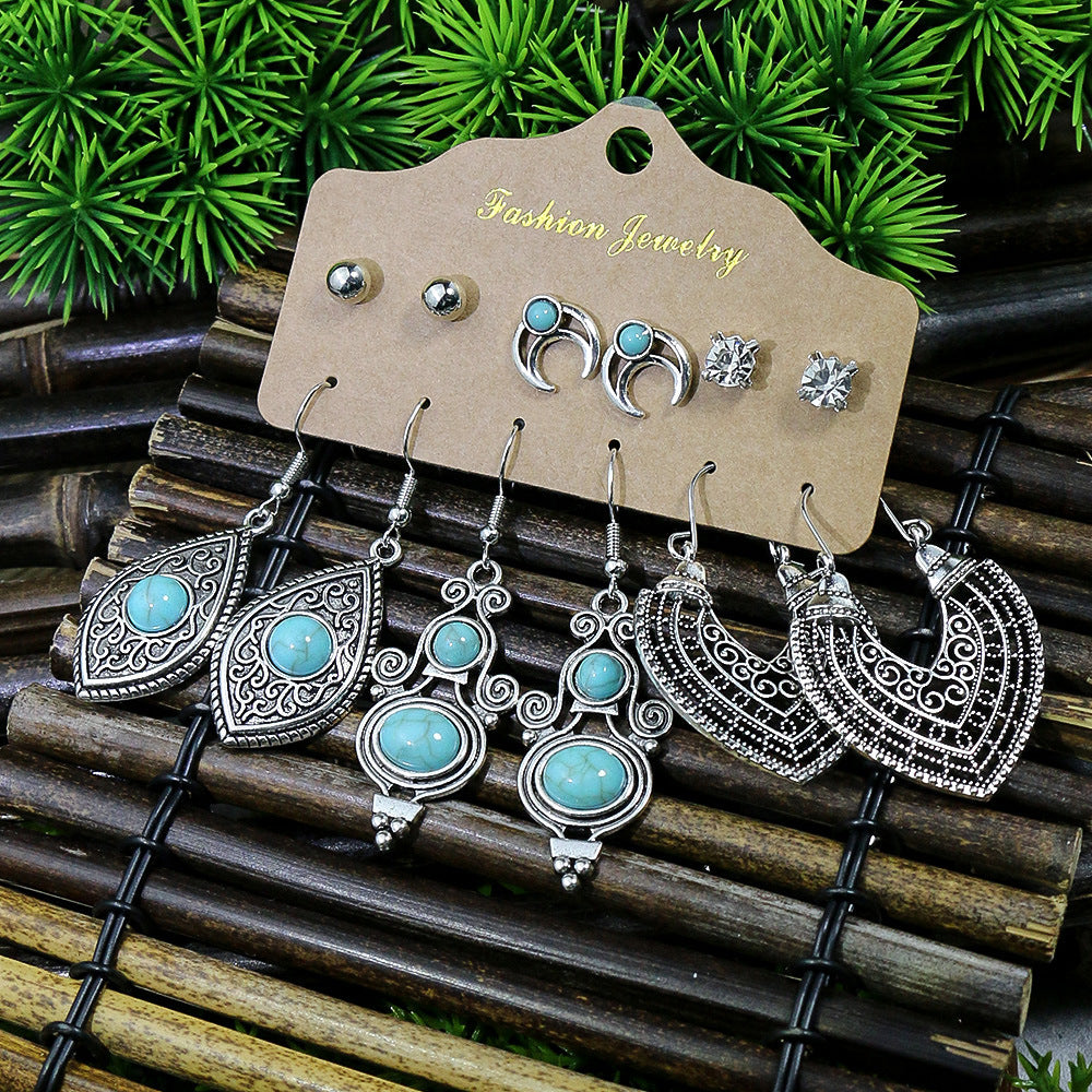 Wholesale Vintage Turquoise Lantern Flower Earrings 6-Piece Set,  Alloy Electroplated Jewelry for Everyday Wear Gift