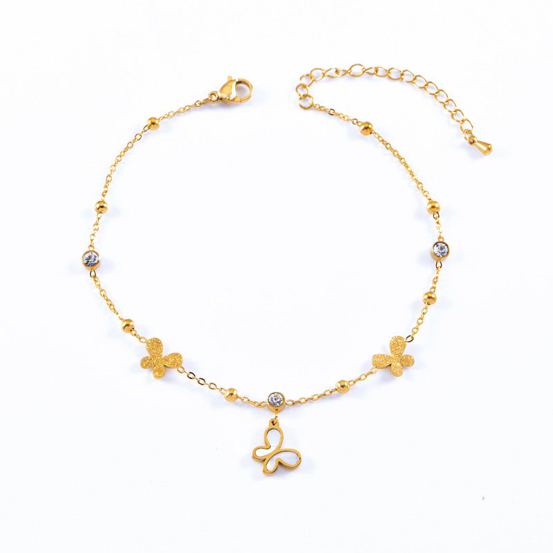 Wholesale  Titanium Steel tassel design anklet zircon white shell butterfly flower  foot jewelry