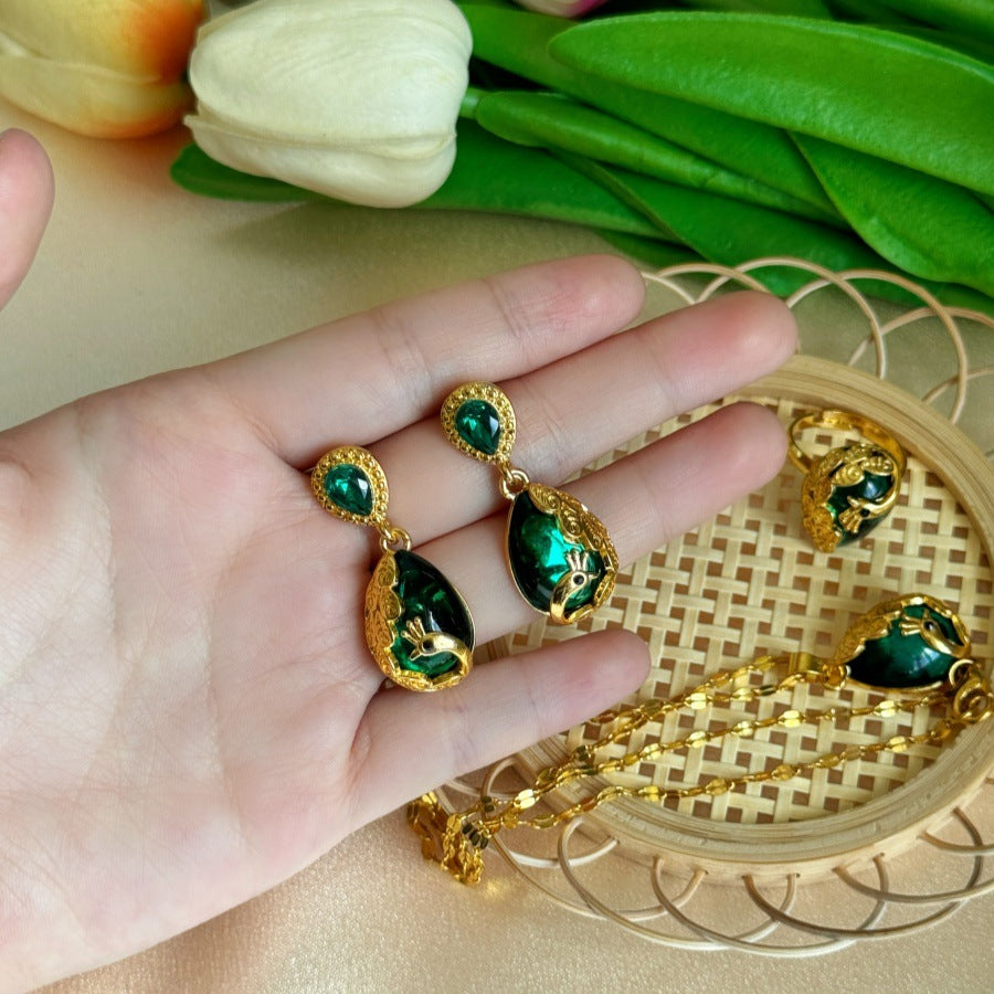 Wholesale gold peacock green crystal pendant water wave chain necklace earrings suit