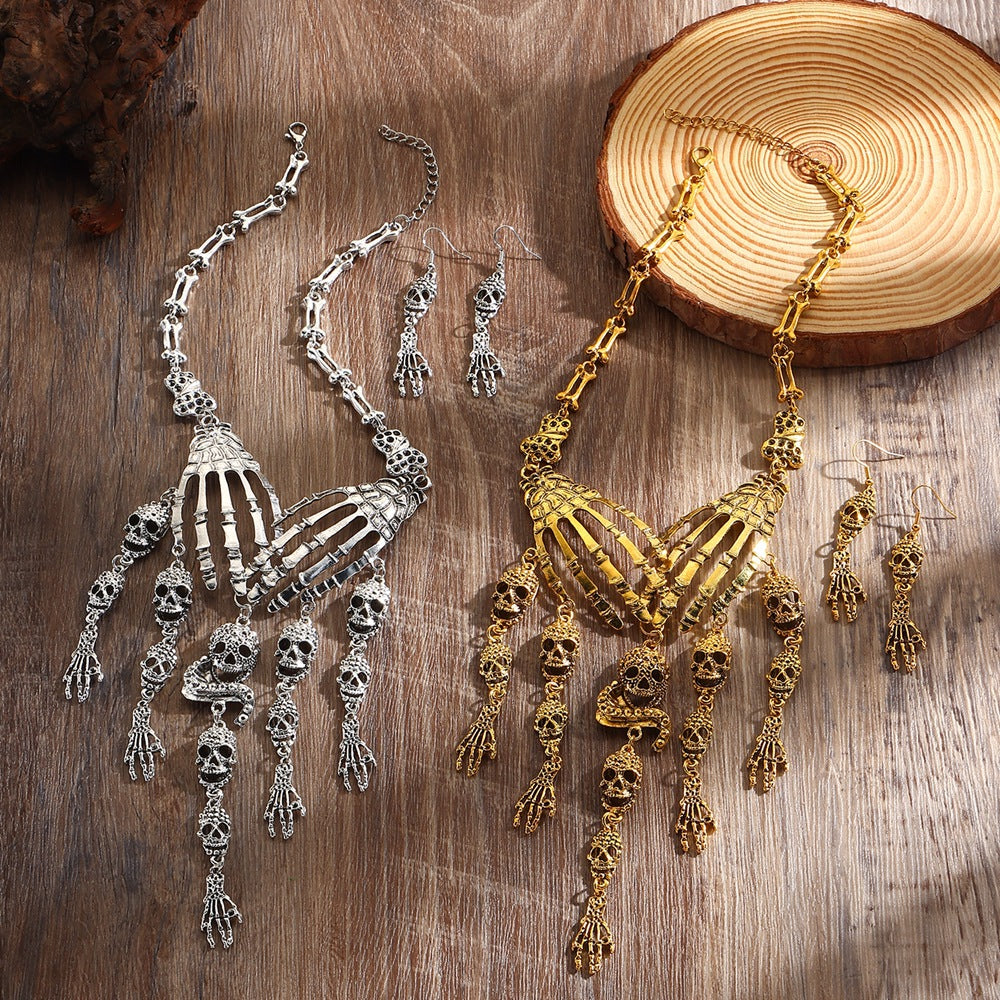 Wholesale Punk Retro Skeleton Hand Skull Necklace Earrings Set  Jewelry Party Accessory Gift