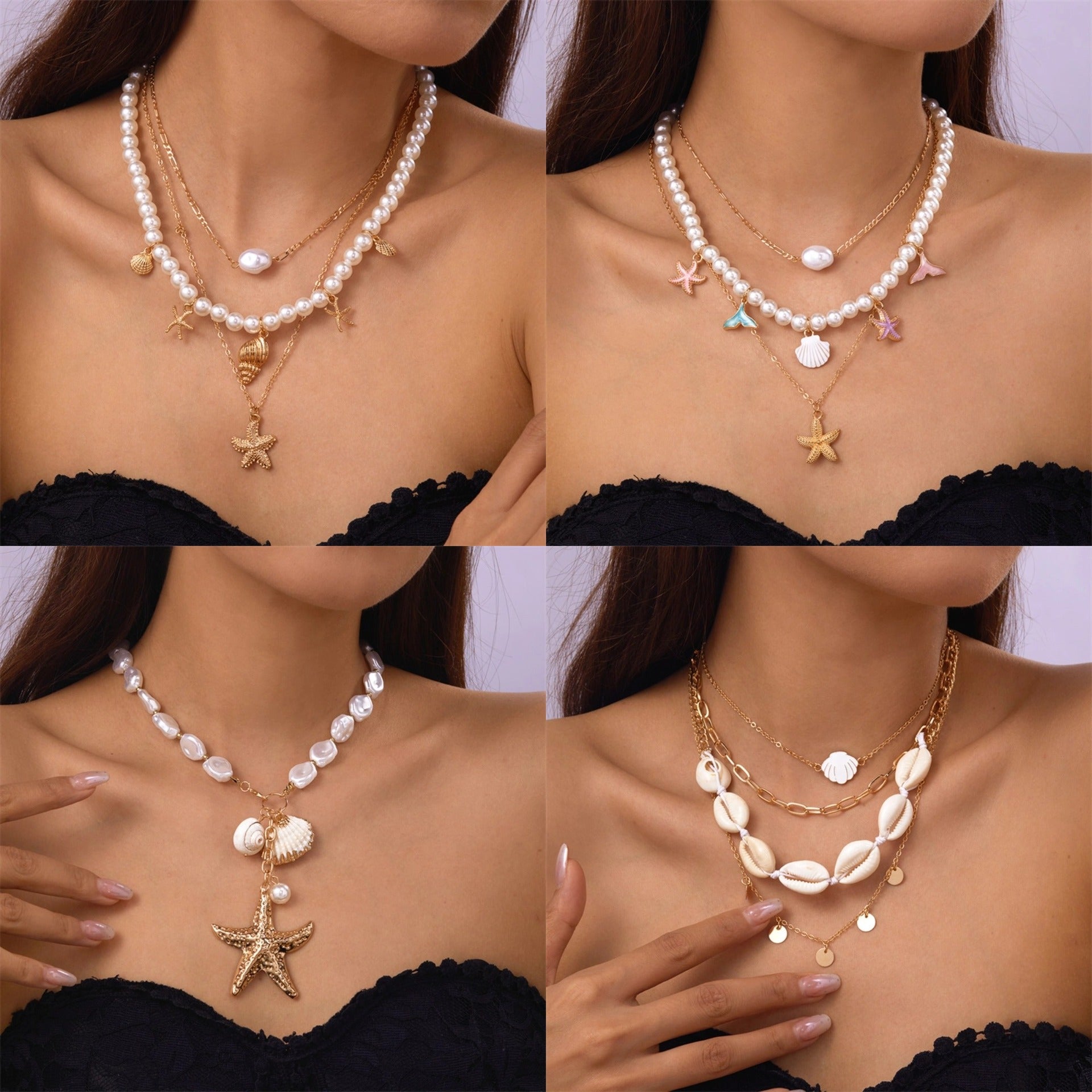 Wholesale  Fashion Exaggerated Irregular Pearl Shell Starfish Necklace