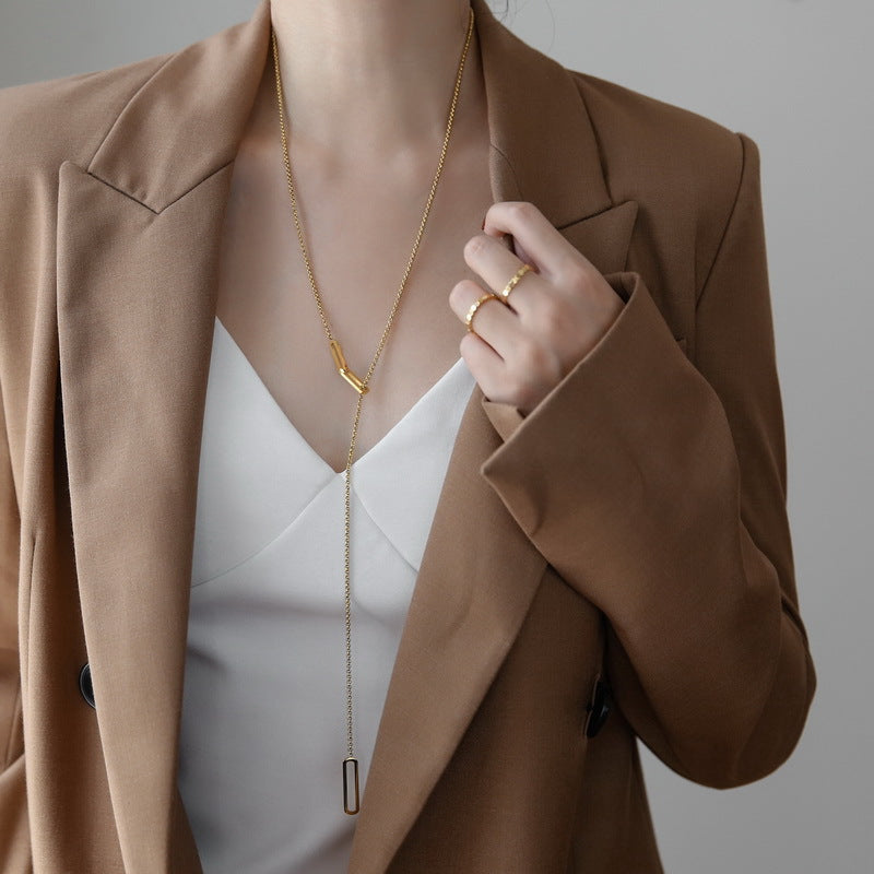 Wholesale titanium steel light luxury hollow rectangular long necklace