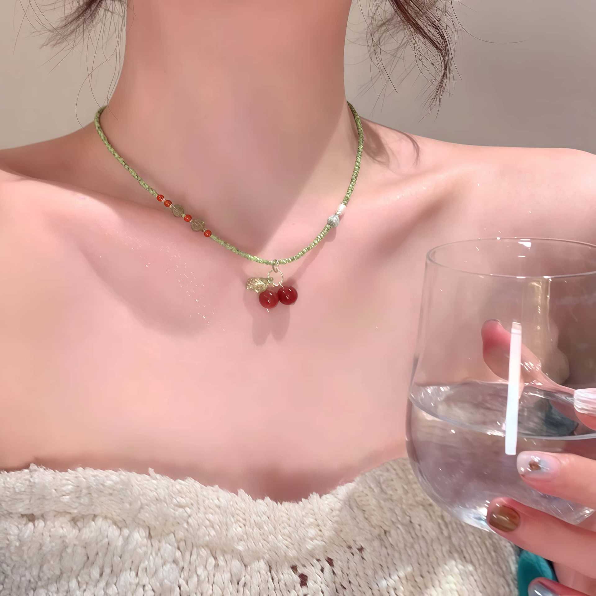 Wholesale  White and Red Cherry All-match Necklace