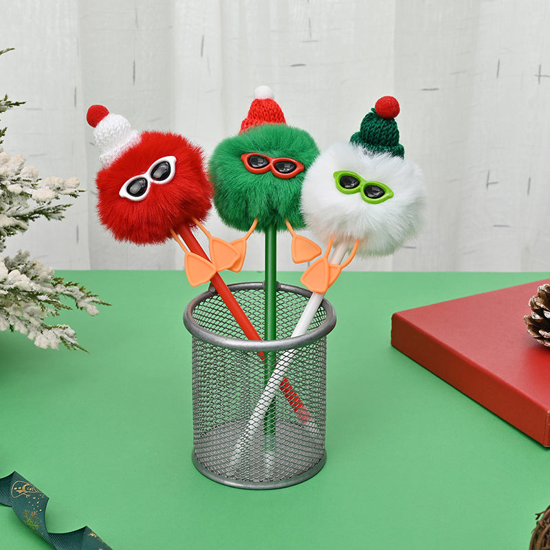Wholesale 5pcs Christmas series sunglasses fur ball cartoon plush ball pen