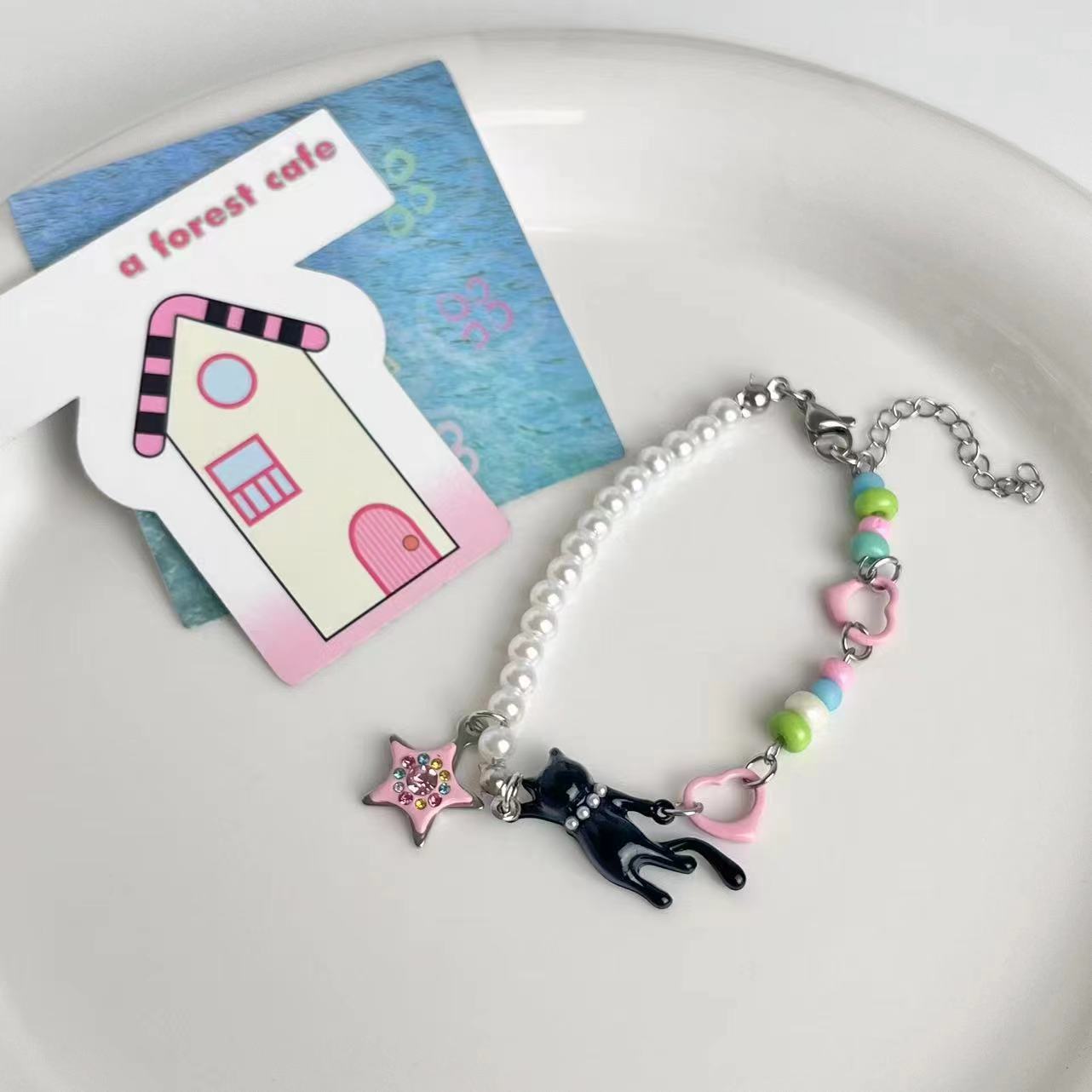 Wholesale Black and White Cat Pink Stars Beaded Necklace