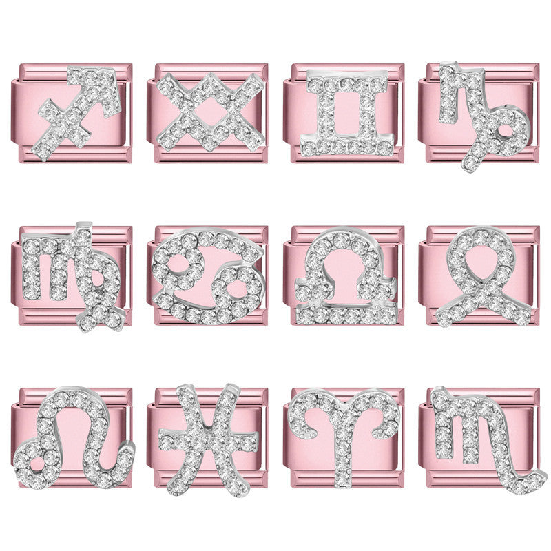 Wholesale Trendy Pink Zodiac Pisces Bracelet Charm Stainless Steel Crystal DIY Jewelry Accessory For Party Gift