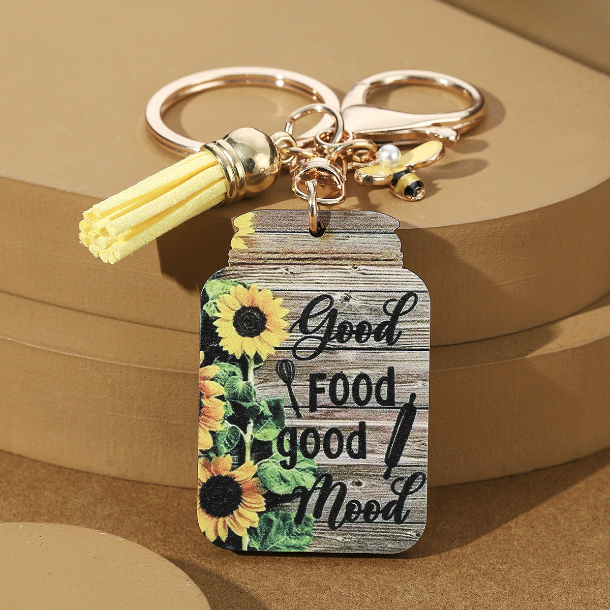 Wholesale New Wooden Sunflower Slogan Key Chain Bee Honey Pot Color Printed Pendant Key Chain Women's Men's Gift ACC-KC-HuiWen003