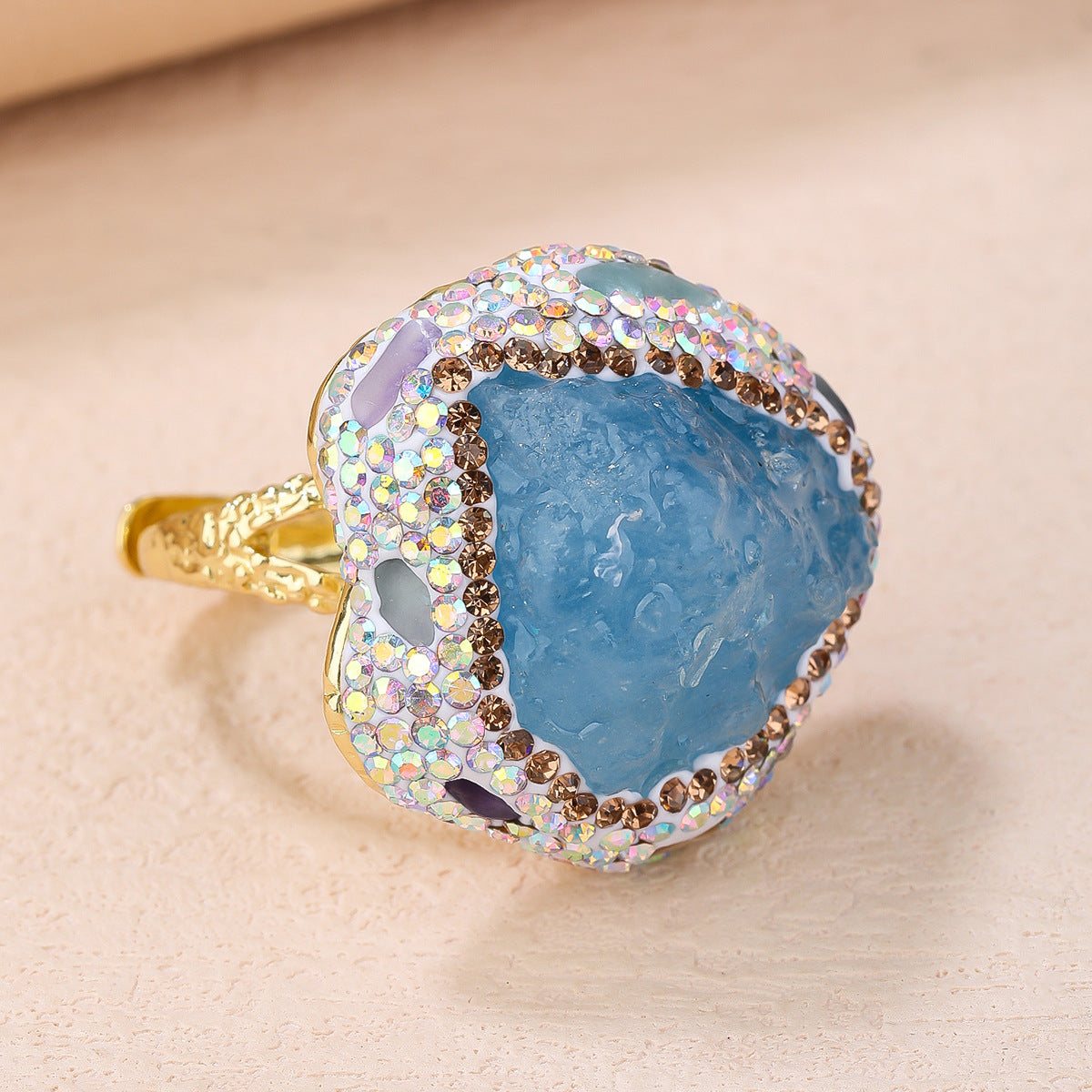 Wholesale Direct Selling Fashion Natural Amethyst Bud Aquamarine Stone Irregular Diamond Opening Adjustable Women' s Ring