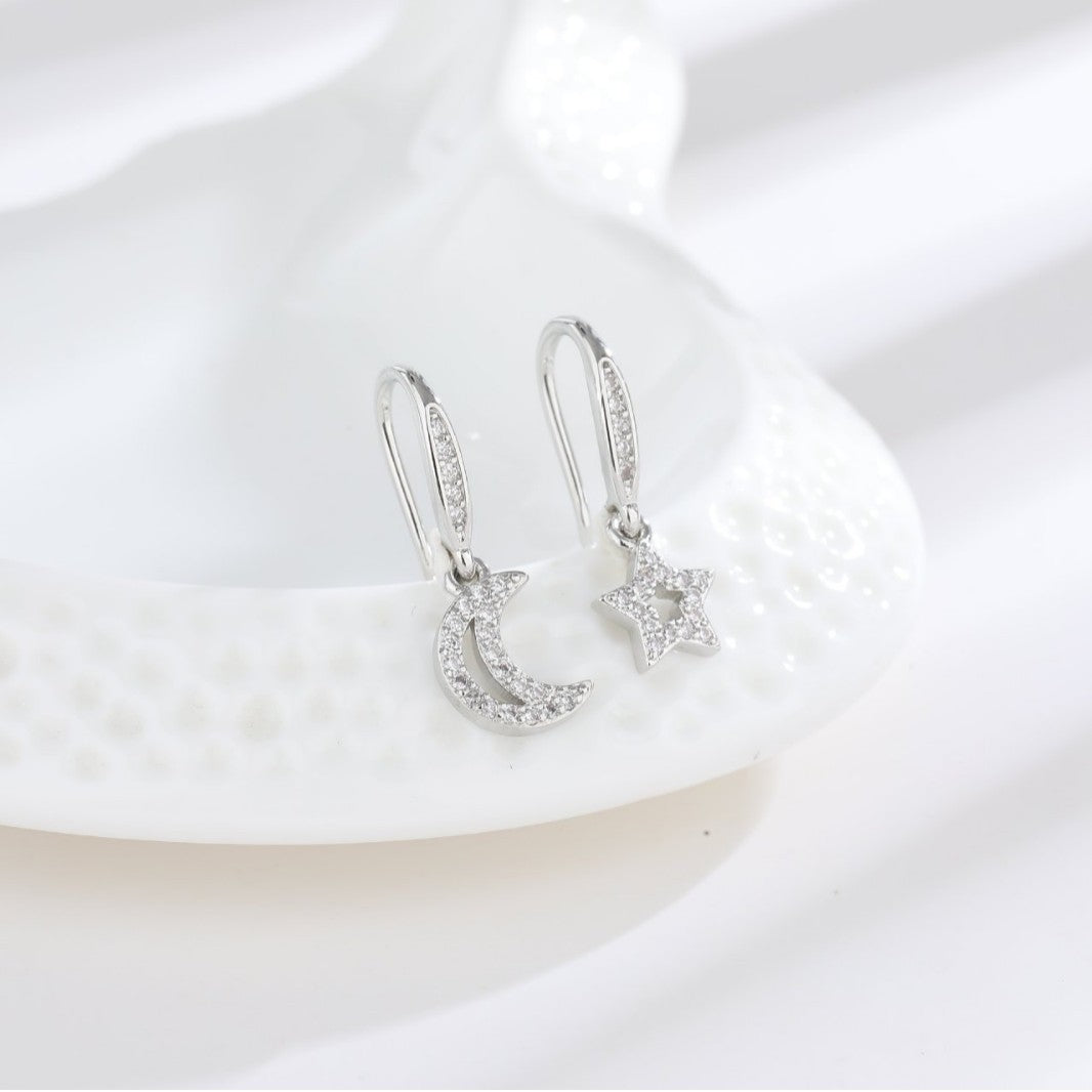 Wholesale Brass Star and Moon Diamond Earrings