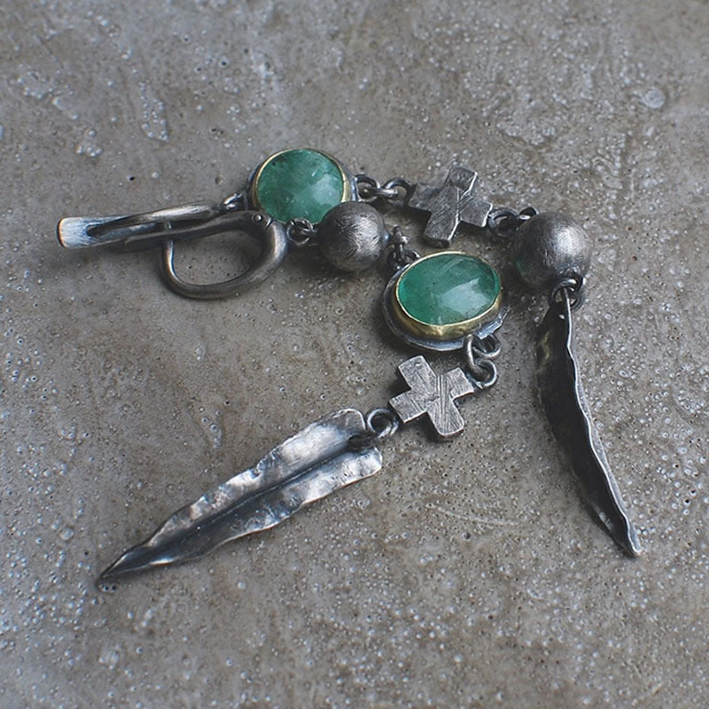 Wholesale Green stone earrings punk cross feather metal pendant tassel earrings