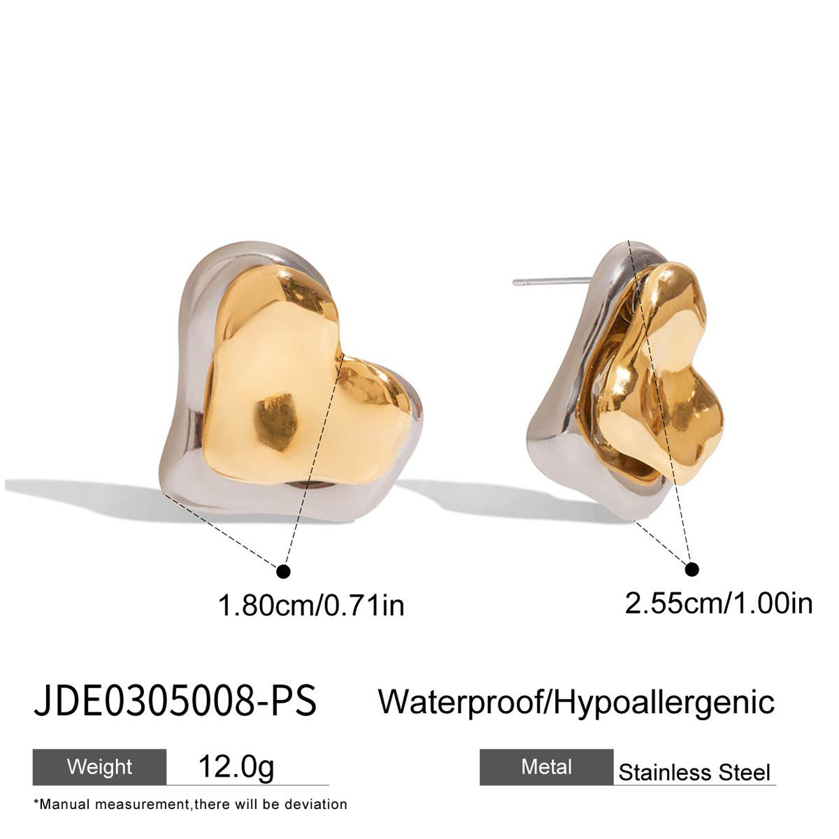 Wholesale 18K gold stainless steel gold and silver color matching heart earrings