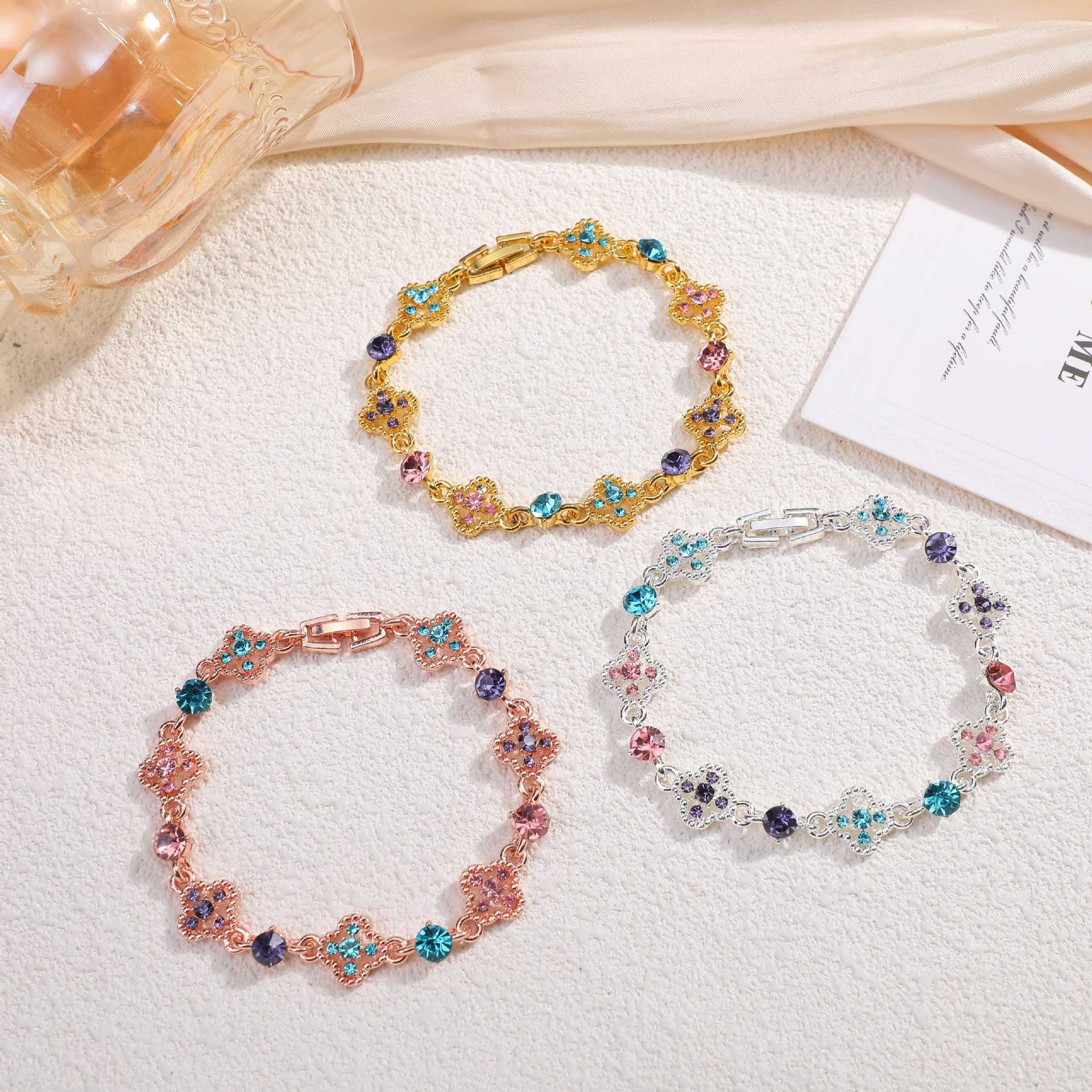 Wholesale Cross-Border New Style Light Luxury High-End Design Copper Bracelet with Diamonds and Colorful Four-Leaf Clover,  European and American Fashion Versatile Bracelet