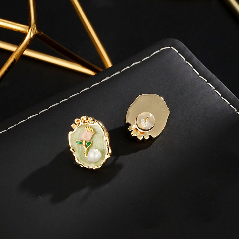 Wholesale Green Oil Painting Pearl Flower Glaze Earrings