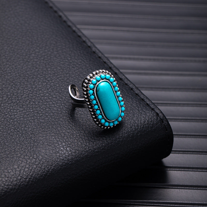 Wholesale Retro Bohemian Silver Flower Imitation Turquoise Ring - Fashion Accessory for Boutique Resale