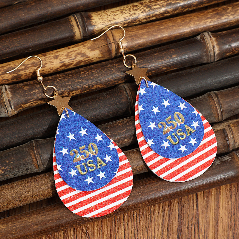 Wholesale American Independence Day Flag Striped Leather Double Layer Earrings