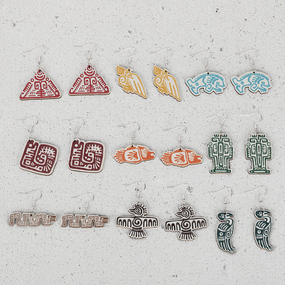 Wholesale wooden animal and Mayan image earrings