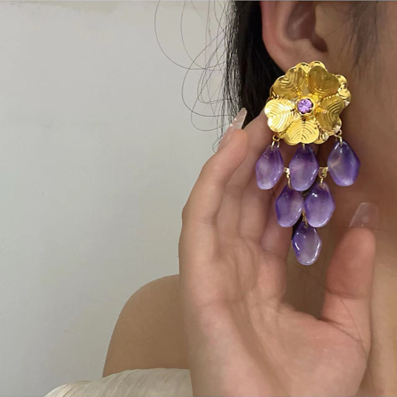 Wholesale Golden Flower Purple Pendant Long Earrings