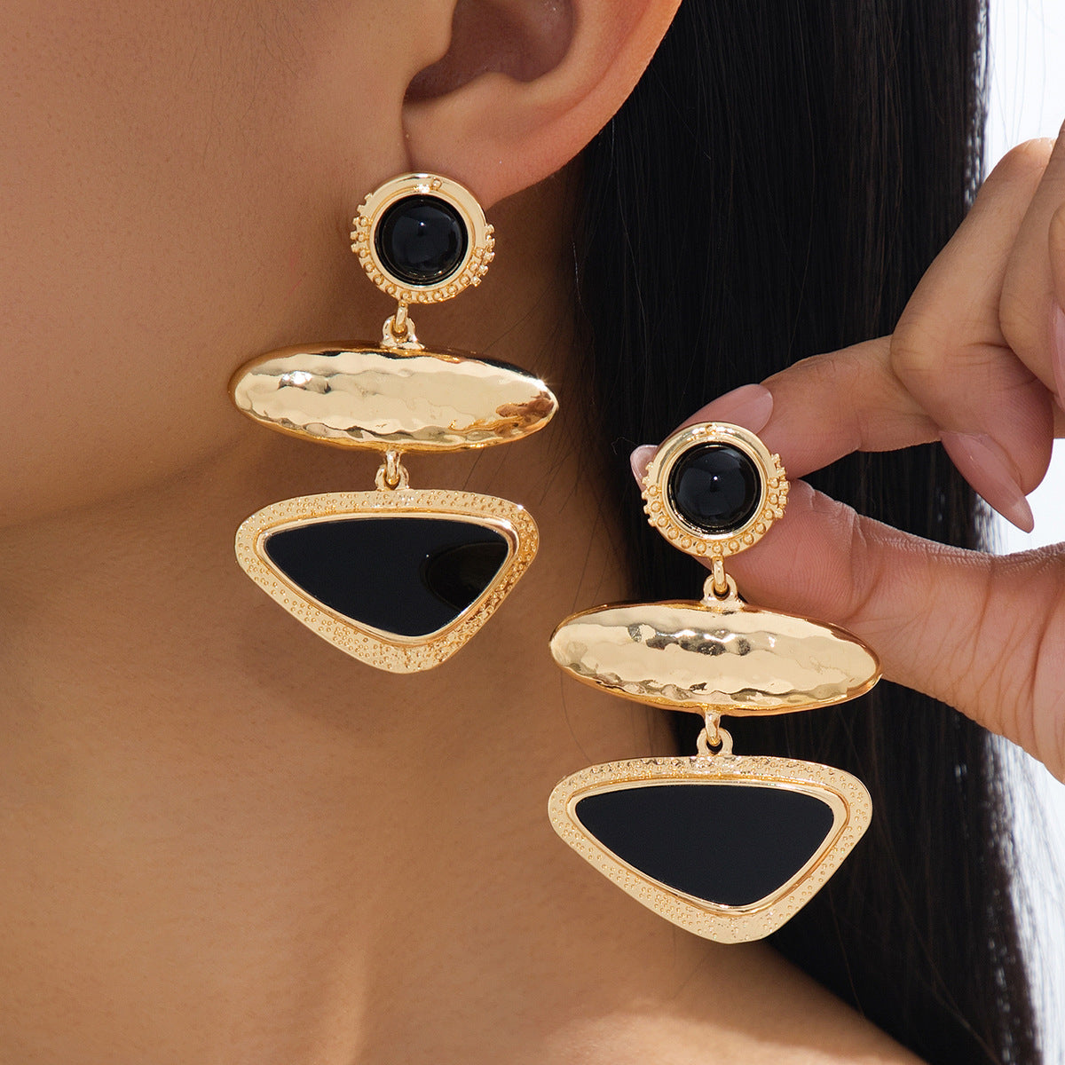 Wholesale Retro Geometric Orange Drop Earrings Gold Hammered Zinc Alloy Triple Layer Stylish Women S Jewelry Accessory
