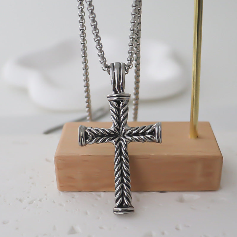 Wholesale Fashion Cross Pendant Necklace Electroplated Alloy Silver Tone Striped Design Everyday Jewelry Accessory