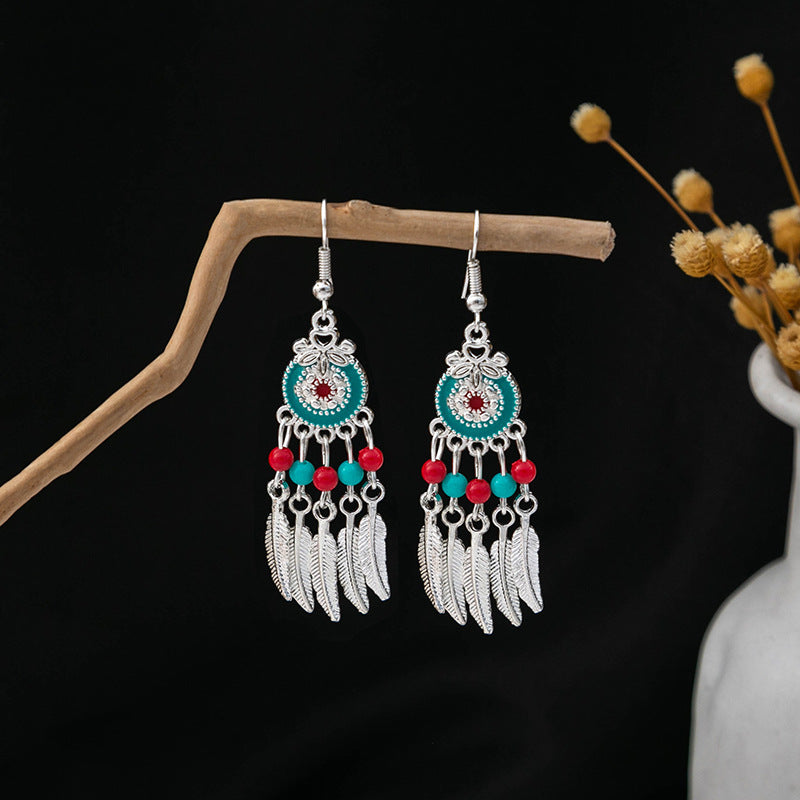 Wholesale Ethnic Style Long Feather Alloy Tassel Earrings ACC-ES-MDD023