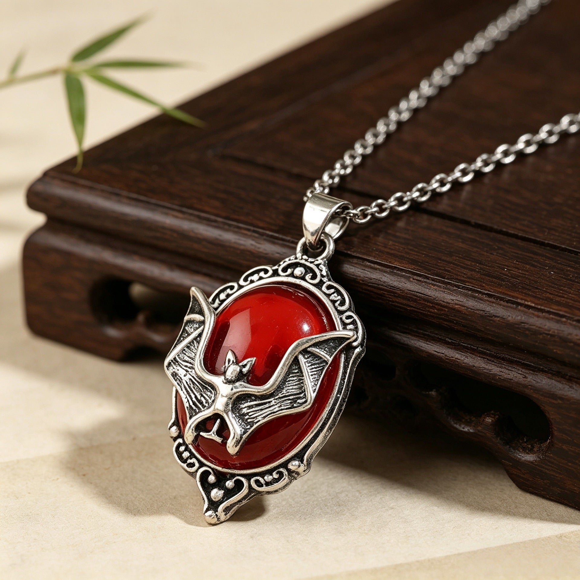 Wholesale Amazon Cross-Border Best-Selling  Gothic Style Necklace,  Vintage Carved Red Crystal Bat Personalized Pendant