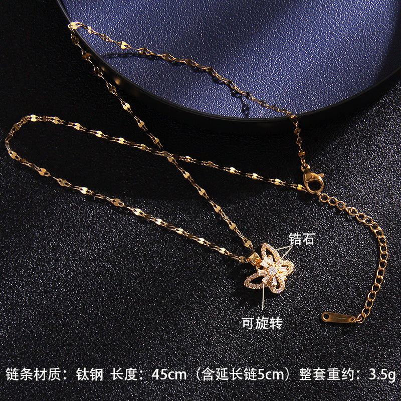 Wholesale Zircon Rotating Four Leaf Clover Flower Pendant Titanium Steel Necklace ACC-NE-Rongc006