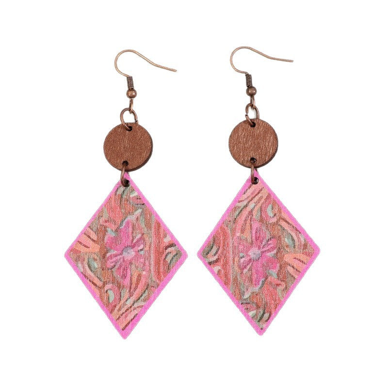 Wholesale Pink Wooden Earrings With Bohemian Vintage Rhombus And Petal Print Party Fashion Jewelry Accessory