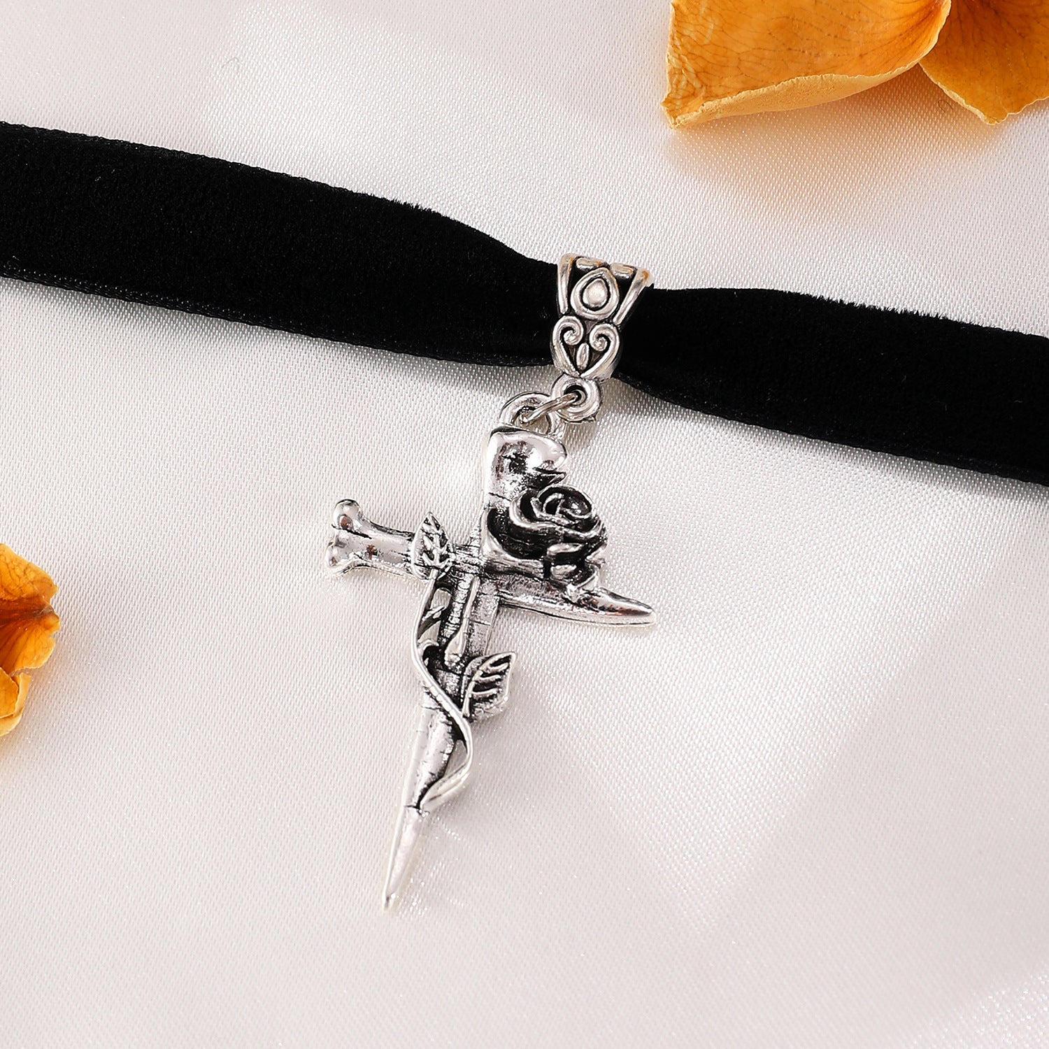 Wholesale Gothic Cross Choker Necklace Ancient Silver Rivet Flower Vine Design,  Trendy Jewelry Accessory for Gift or Boutique Resale