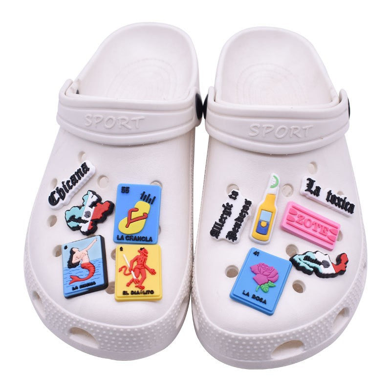 Wholesale Random 100pcs Cartoon Mexican Playing Cards Clogs PVC Soft Rubber Slippers Decoration Shoes Charms ACC-SC-RYY036
