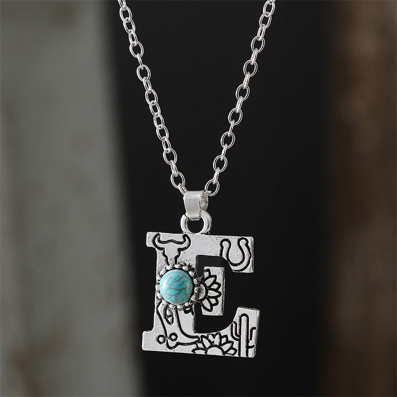 Wholesale  Retro 26 English Letter Turquoise Necklace Clavicle Chain