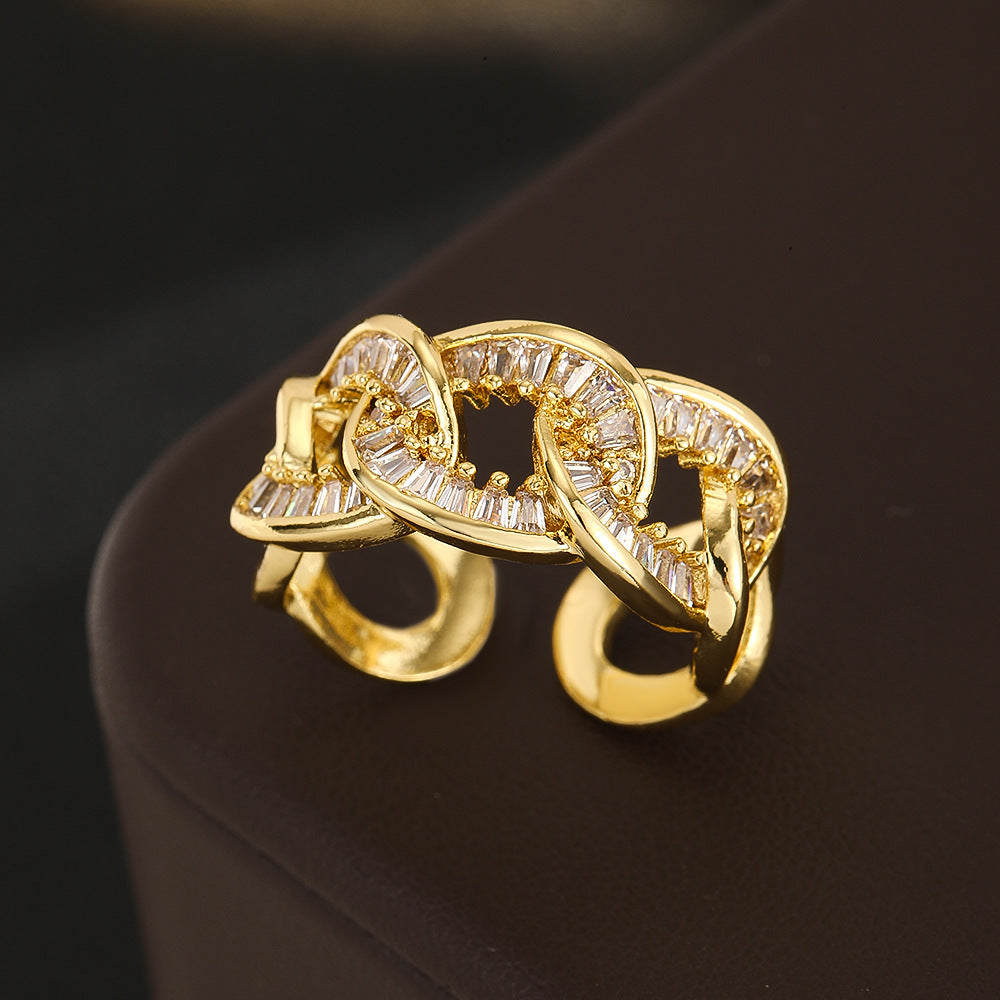 Wholesale Bow Design Hollow Zircon Open Ring Gold Plated Copper Jewelry Stylish Everyday Accessory