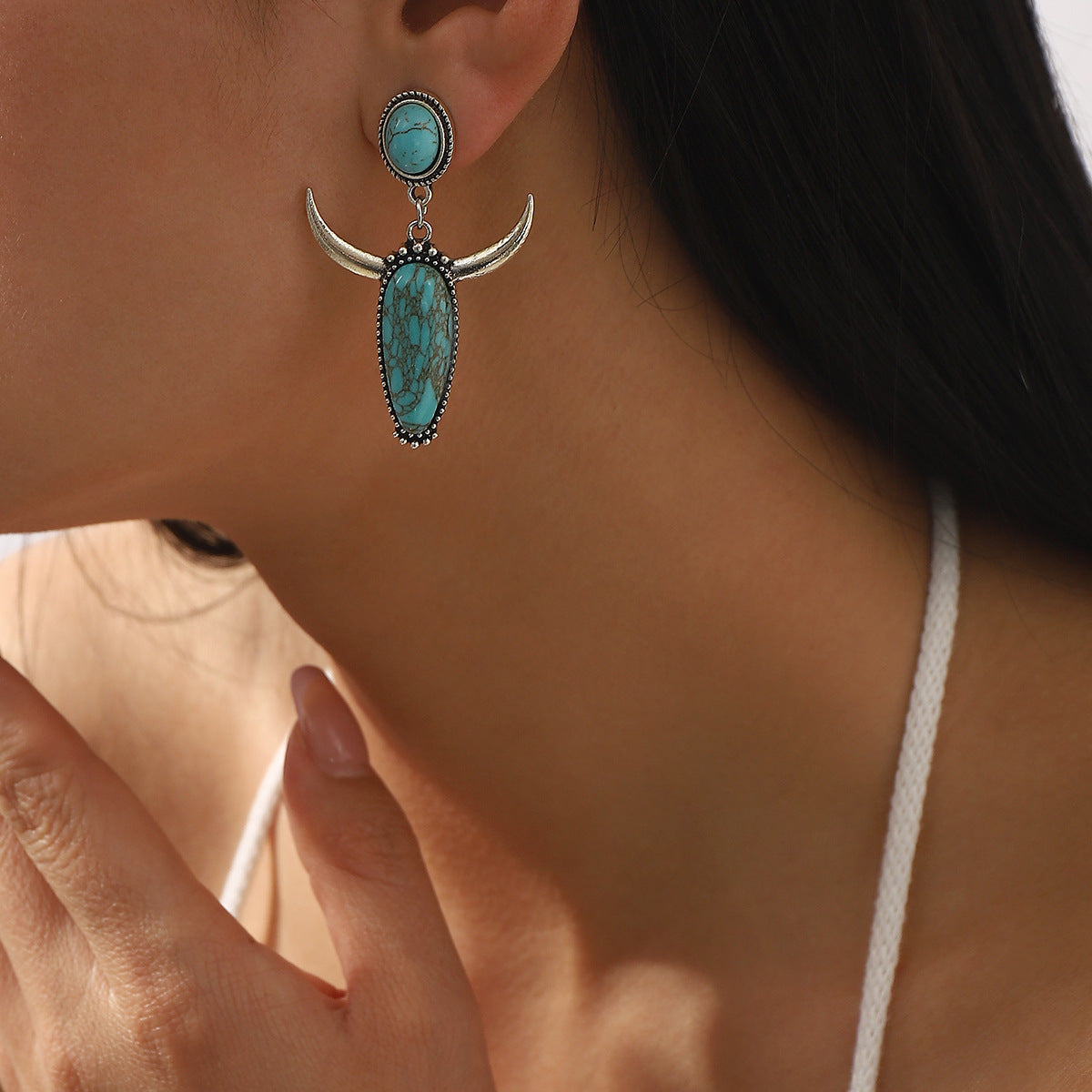 Wholesale 10pcs/pack  retro creative bohemian style cow head personality geometric turquoise earrings for women