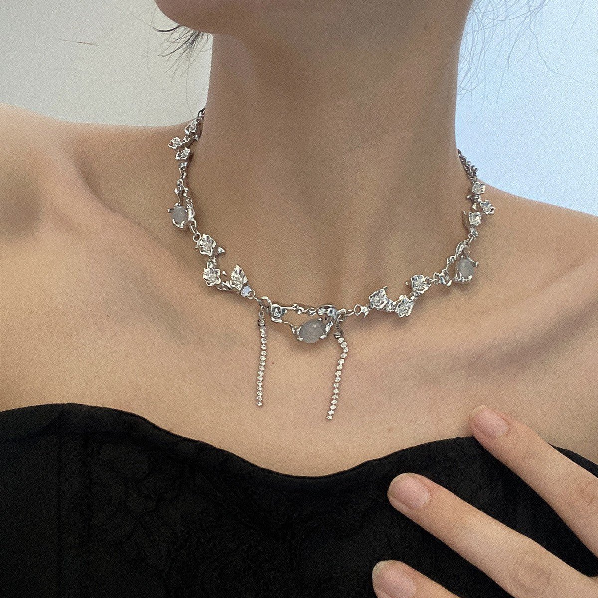 Wholesale Irregular Moonstone Patchwork Necklace Choker Necklace Titanium Steel ACC-NE-NS009