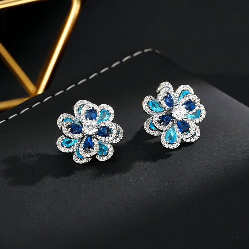 Wholesale sapphire blue double-layer flower zircon earrings