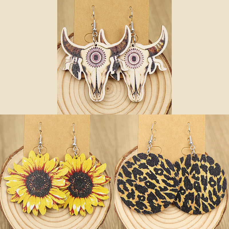 Wholesale Western Old Style Ethnic Style Sunflower Bull Head Leopard Print Round Wooden Earrings