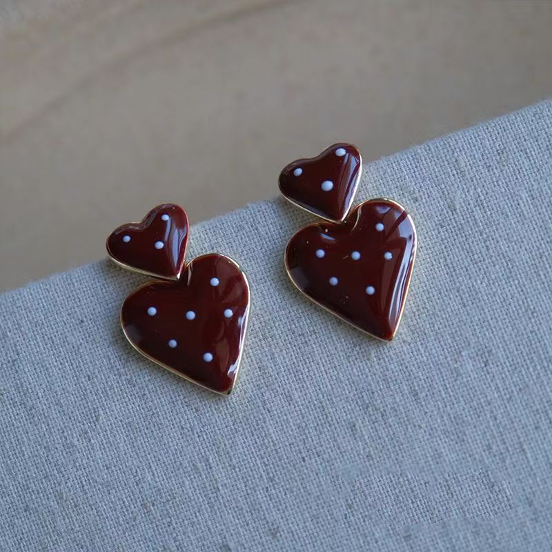 Wholesale Red Polka Dot Double Heart Earrings