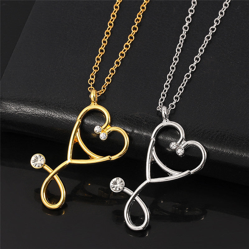 Wholesale Creative Stethoscope Pendant  Hollow Rhinestone Necklace