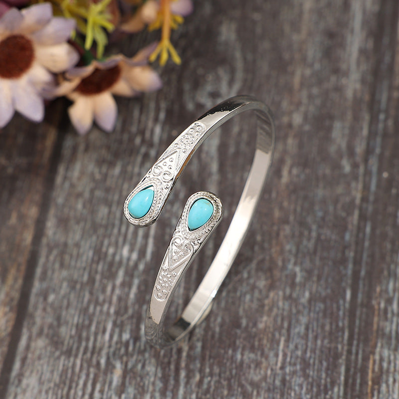 Wholesale Retro Carved Gemstone Alloy Bracelet - Adjustable Boutique Resale