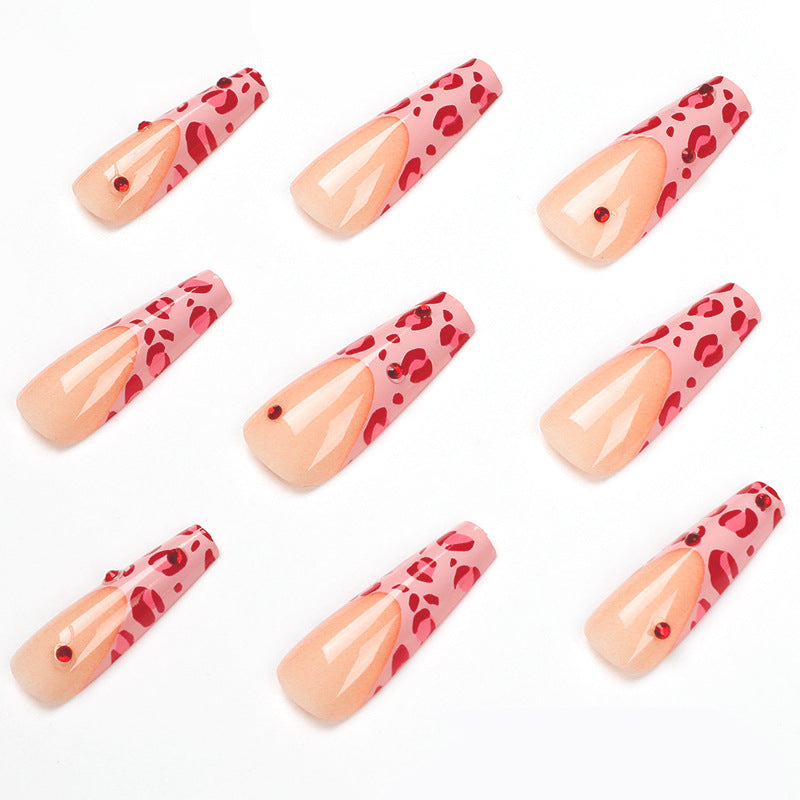 Wholesale 24 Pieces/box Red Diamond Pink Leopard Press-on Nails Kits Nail Stickers ACC-NS-LeFan051