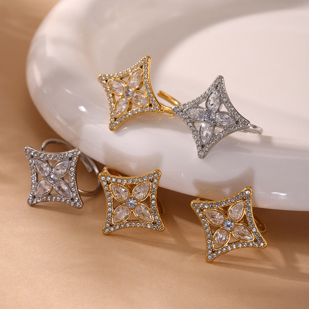 Wholesale Stainless steel  Zircon Rhombus Flower Full Diamond Necklace Bracelet Ring Set