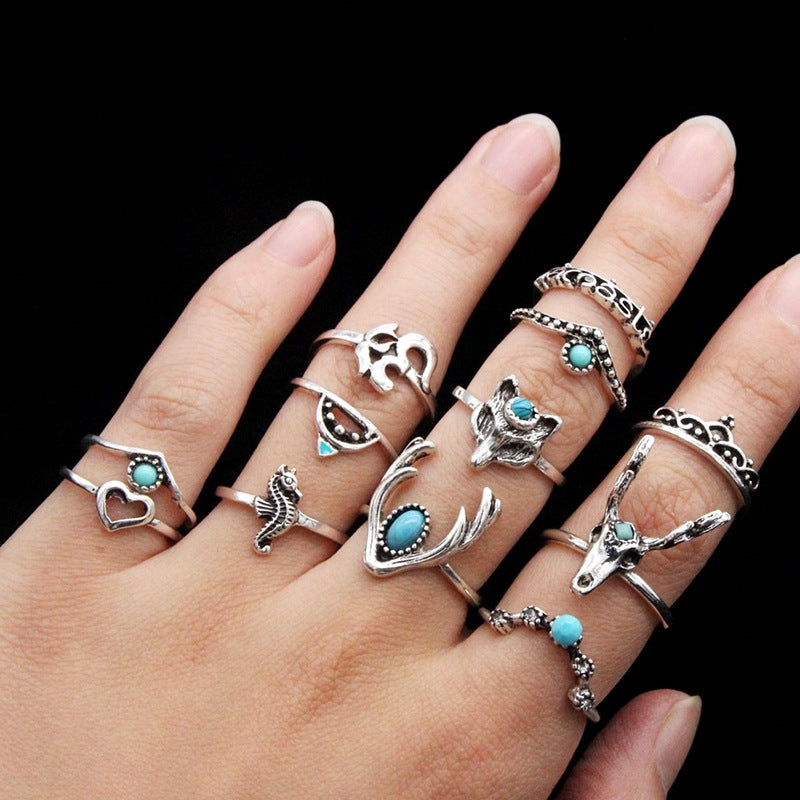 Wholesale Vintage Bohemian Holiday Style Metal Crystal Rings Set