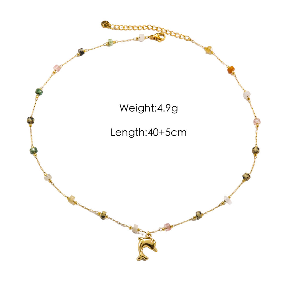 Wholesale  Light Luxury  Colorful Gravel Beaded Natural Pearl Beaded 14K Gold Stainless Steel Pendant  Necklace