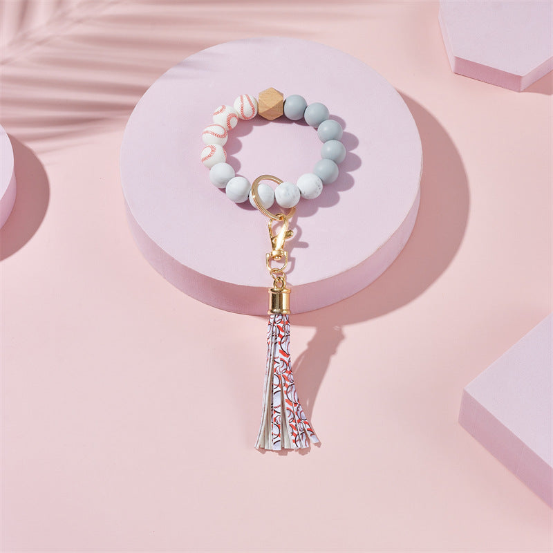 Wholesale Football Basketball Baseball Silicone Beaded Leather Tassel Wrist Keychain