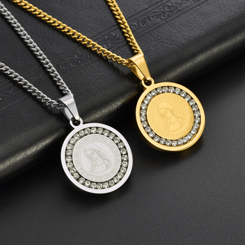 Collana con pendente in zircone rotondo in acciaio al titanio all'ingrosso